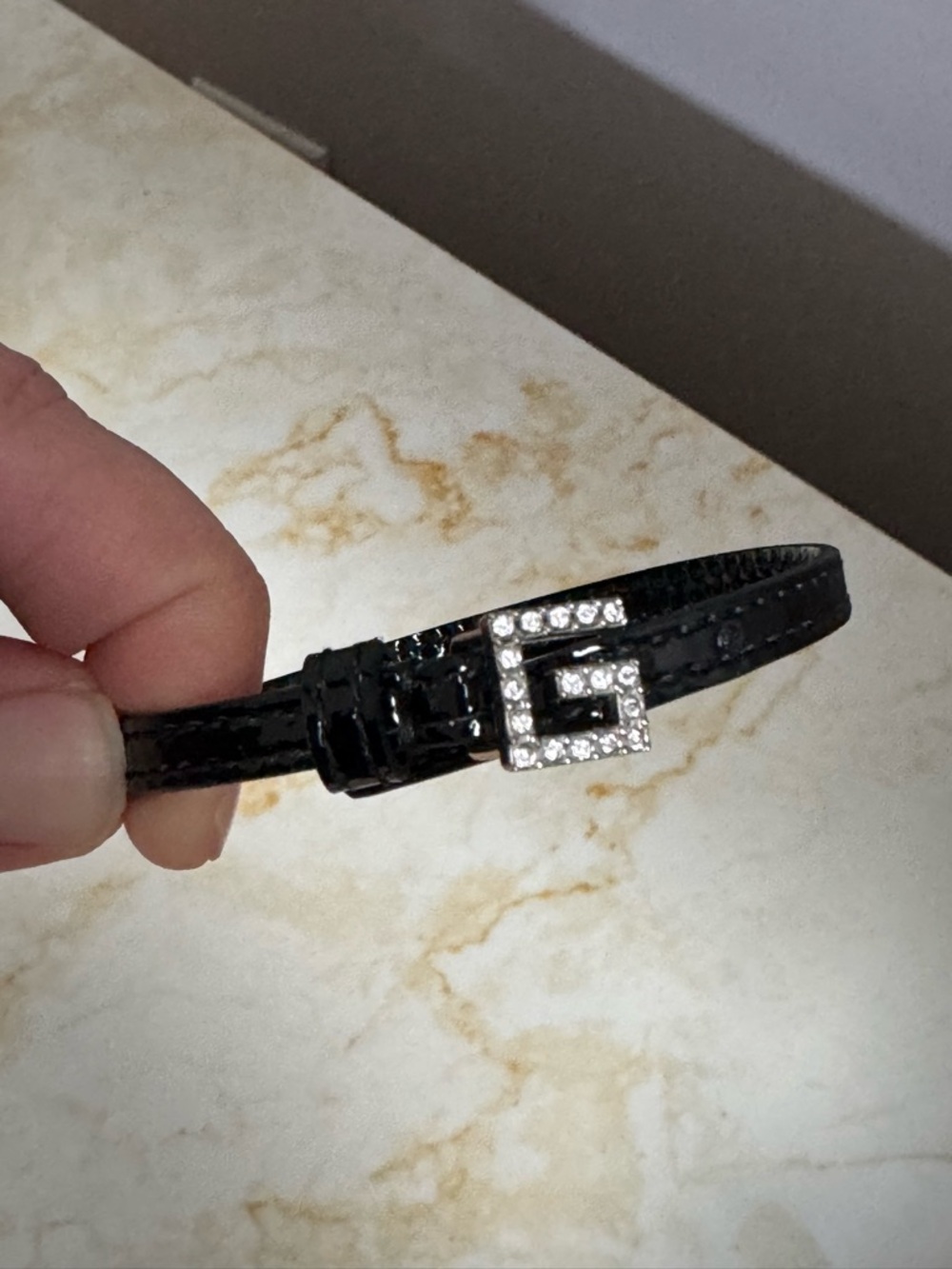 Black Patent Leather Bracelet with Crystal 'G' Buckle